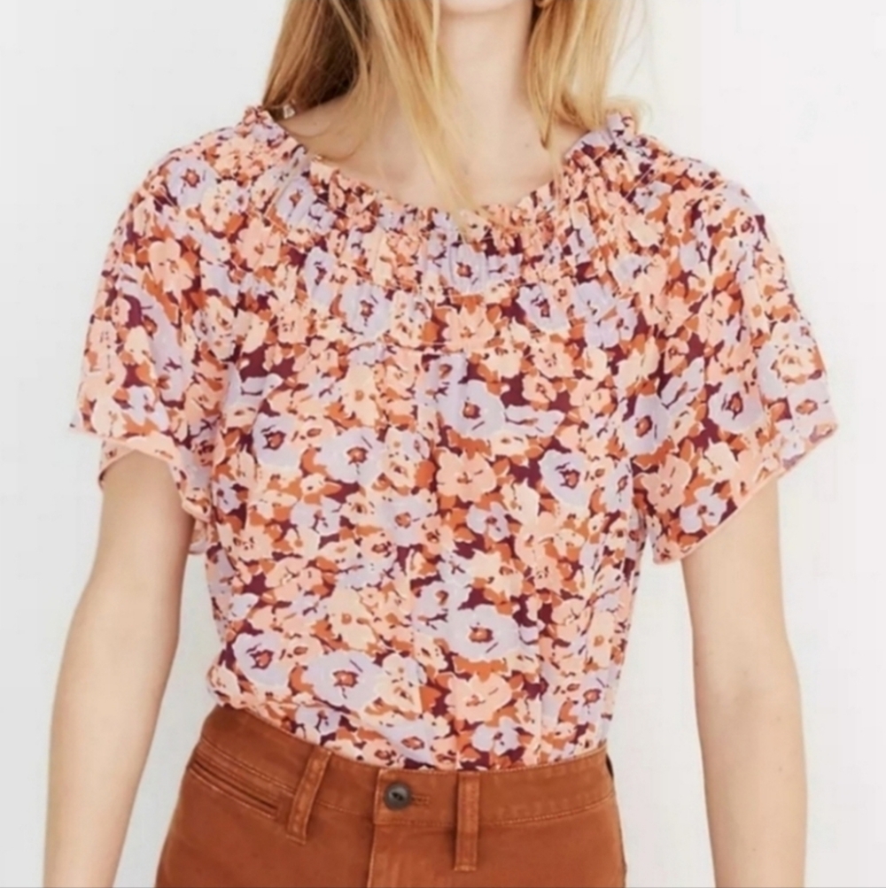 Madewell Orange Floral Print Fall Smocked Ruffle Chiffon Short Sleeve Blouse Top